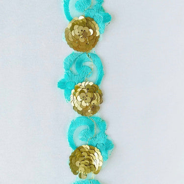 Blue Lace Trim, Tissue Fabric Cutwork With Floral Embroidery & Gold Sequins, Indian Embroidery